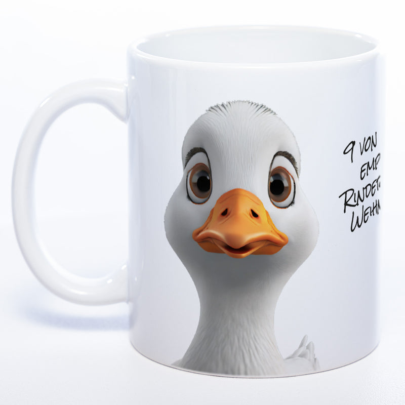 lustige Kaffeetasse mit Gänsekopf und Spruch 9 von 10 Gänse empfehlen Steak zu Weihnachten - weiß