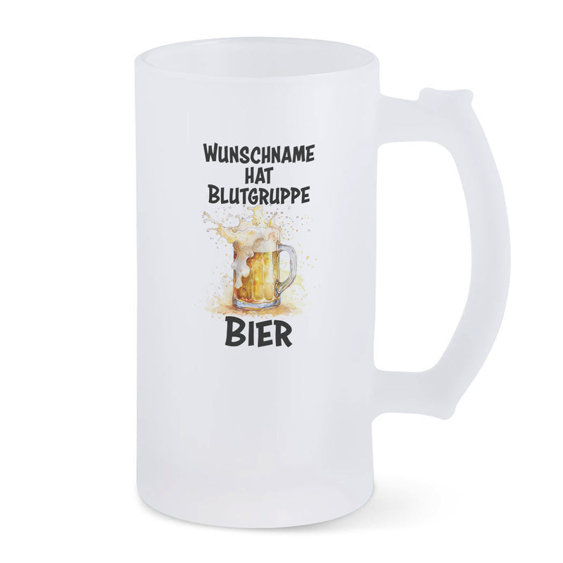 Bierkrug aus satiniertem Glas mit Spruch: ... NAME... hat Blutgruppe Bier