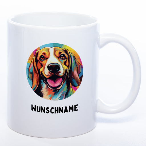 Hundetasse Beagle mit Wunschname in weiß