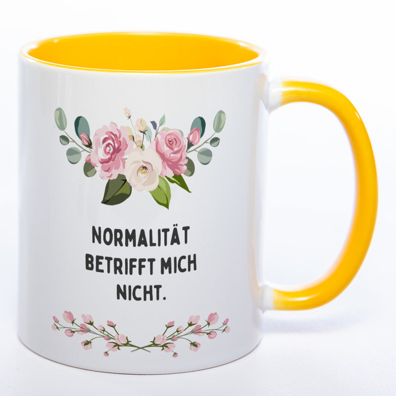 Blümchen-Tasse mit Spruch "Normalität betrifft mich nicht." - Lustige Kaffeetasse spülmaschinenfest