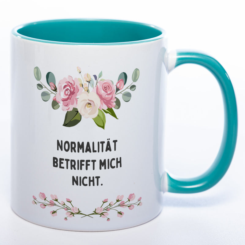 Blümchen-Tasse mit Spruch "Normalität betrifft mich nicht." - Lustige Kaffeetasse spülmaschinenfest