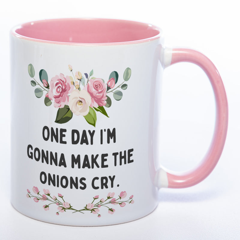 Blümchen-Tasse mit Spruch "One day I'm gonna make the onions cry." - Lustige Kaffeetasse spülmaschinenfest