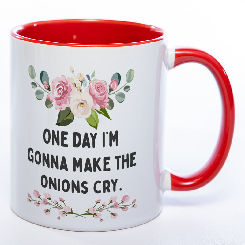 Blümchen-Tasse mit Spruch "One day I'm gonna make the onions cry." - Lustige Kaffeetasse spülmaschinenfest