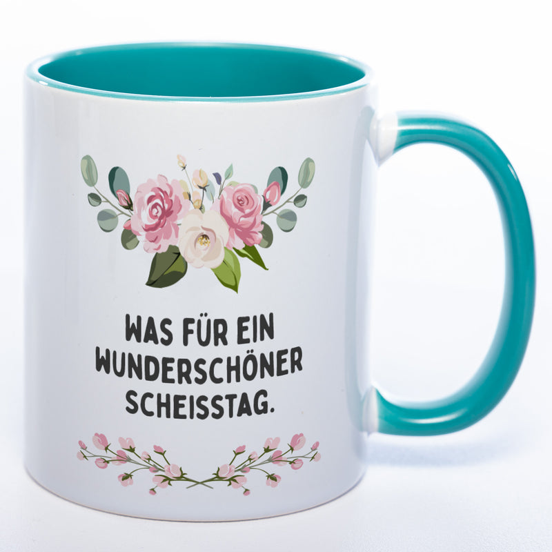 Blümchen-Tasse mit Spruch "Was für ein wunderschöner Scheisstag" - Lustige Kaffeetasse spülmaschinenfest