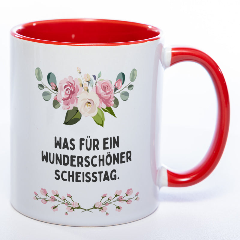 Blümchen-Tasse mit Spruch "Was für ein wunderschöner Scheisstag" - Lustige Kaffeetasse spülmaschinenfest