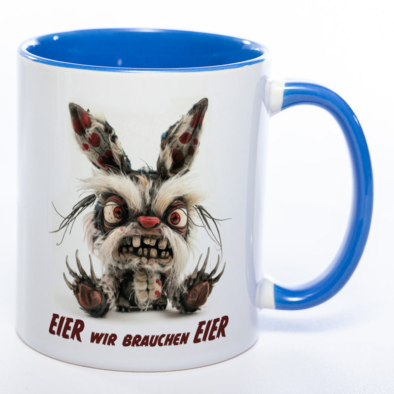Motiv - Tasse mit wütendem Hasen und Spruch: "Eier wir brauchen Eier."  spülmaschinenfest