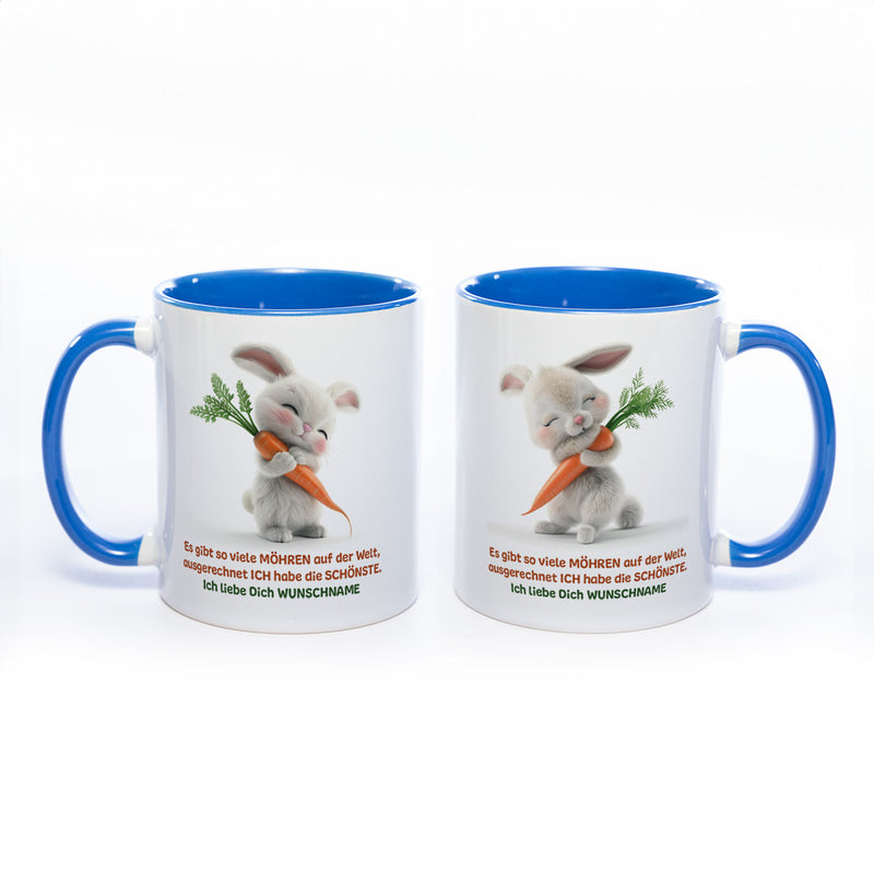 Motivtasse Hase mit Möhre und Wunschnamen - süße Kaffeetasse, nicht nur zu Ostern  - spülmaschinenfest