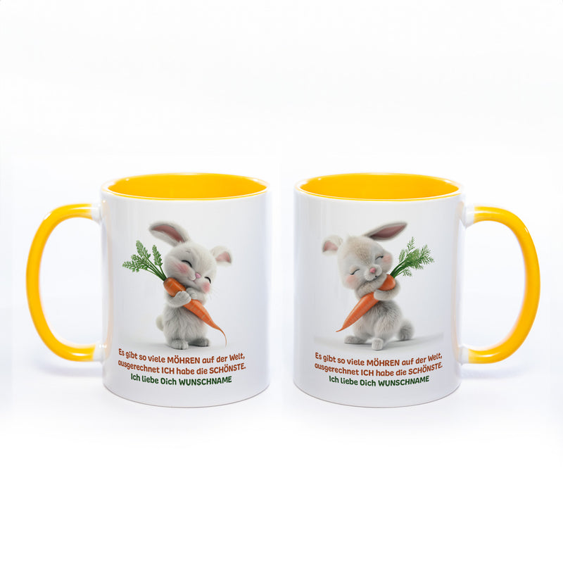 Motivtasse Hase mit Möhre und Wunschnamen - süße Kaffeetasse, nicht nur zu Ostern  - spülmaschinenfest