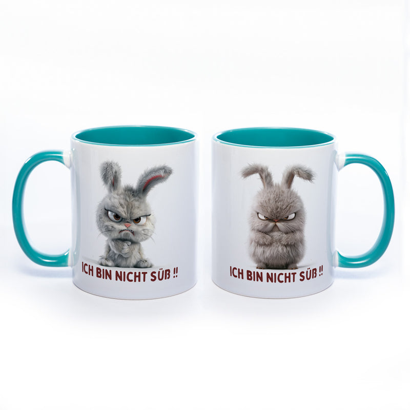 Motiv - Tasse mit  Hase und Spruch: "Ich bin nicht süß!!"  spülmaschinenfest