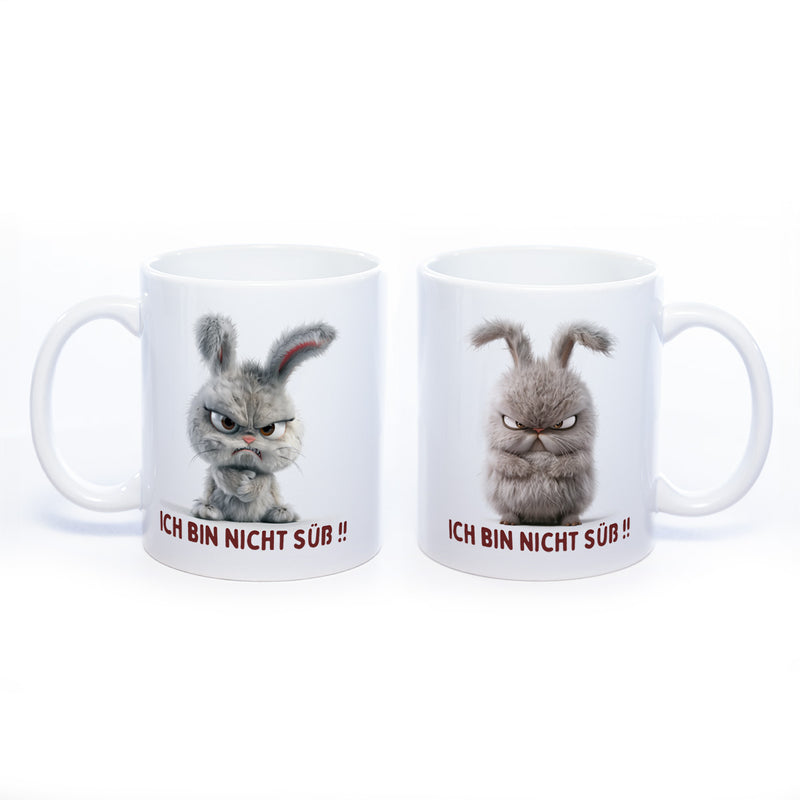 Motiv - Tasse mit  Hase und Spruch: "Ich bin nicht süß!!"  spülmaschinenfest