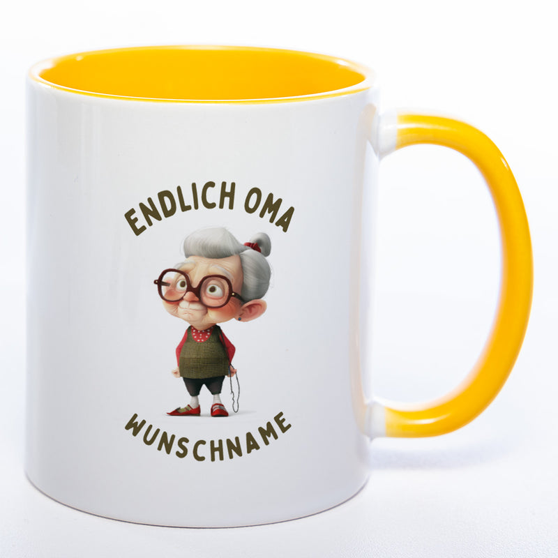 "Endlich Oma"-Tasse mit Wunschnamen - spülmaschinenfest