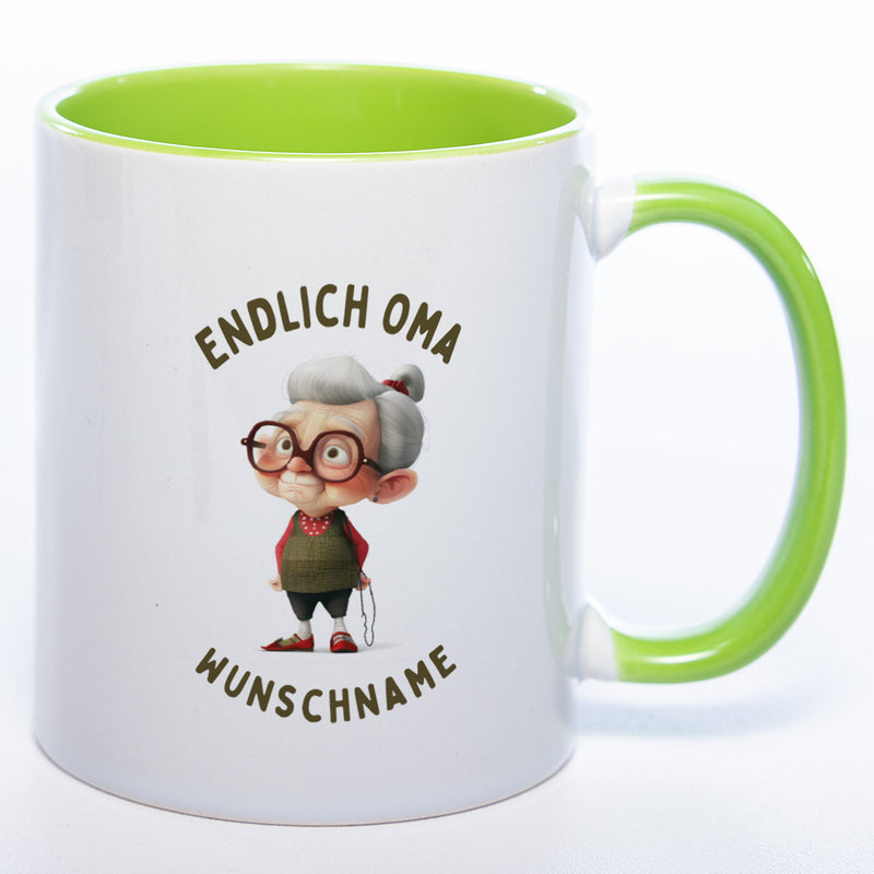"Endlich Oma"-Tasse mit Wunschnamen - spülmaschinenfest
