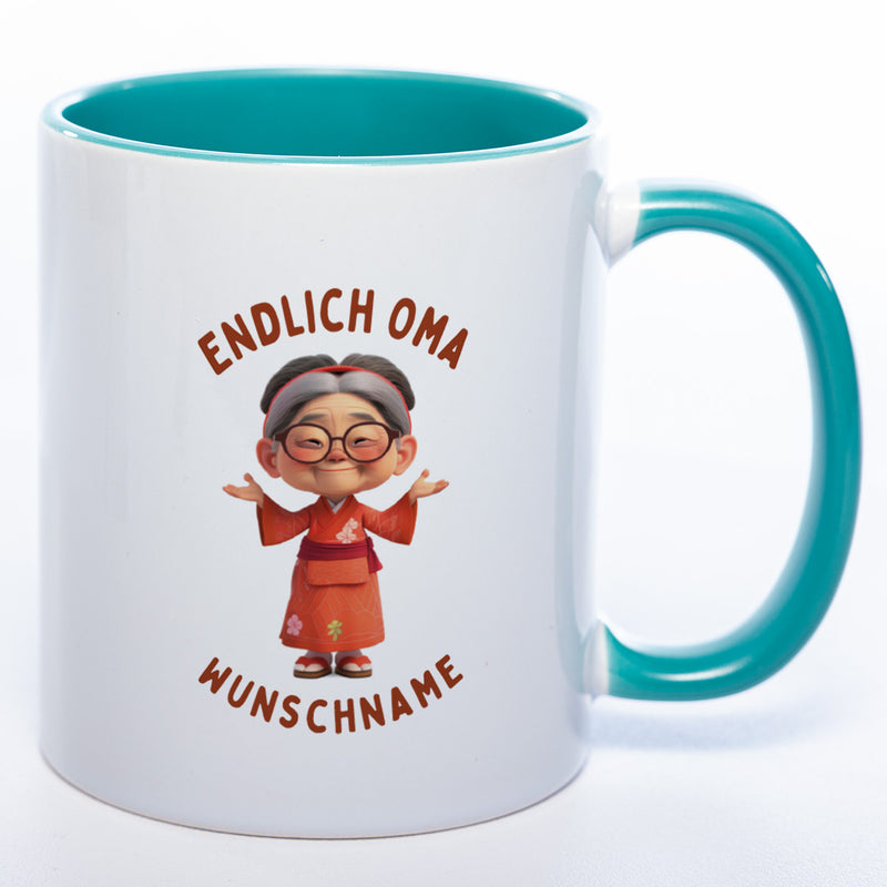 "Endlich Oma"-Tasse mit Wunschnamen - weitere Motive - spülmaschinenfest