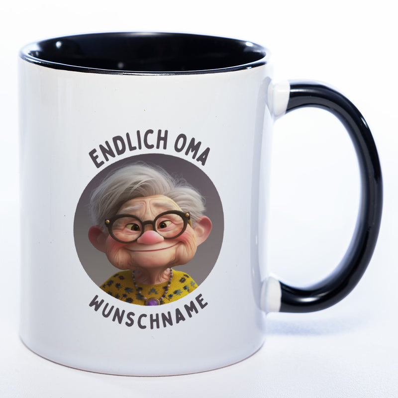 "Endlich Oma"-Tasse mit Wunschnamen - spülmaschinenfest