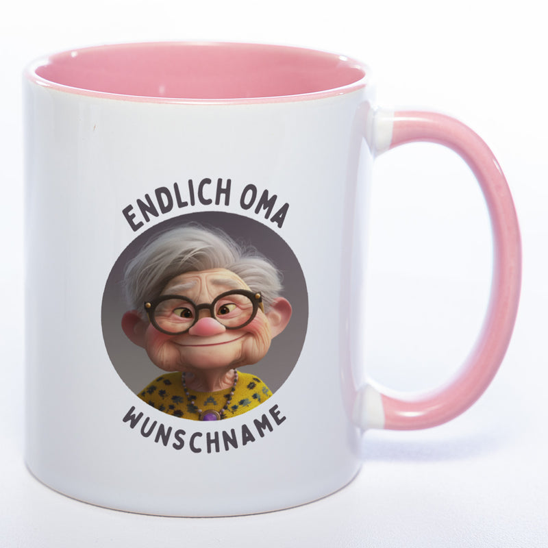 "Endlich Oma"-Tasse mit Wunschnamen - spülmaschinenfest