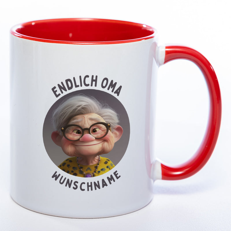 "Endlich Oma"-Tasse mit Wunschnamen - spülmaschinenfest
