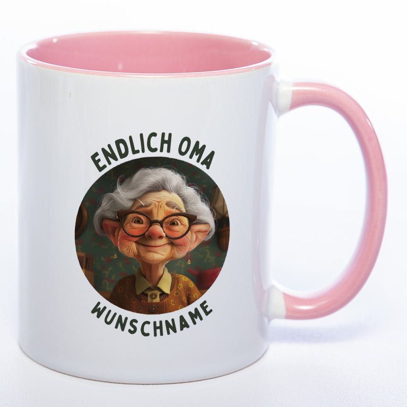 "Endlich Oma"-Tasse mit Wunschnamen - spülmaschinenfest