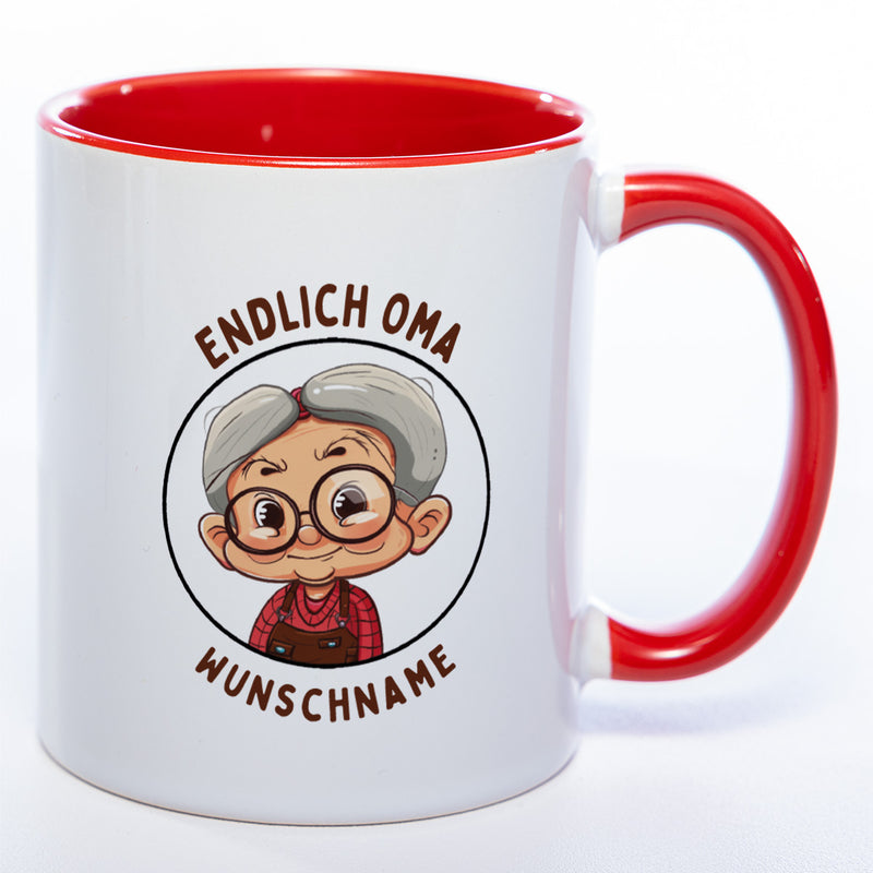 "Endlich Oma"-Tasse mit Wunschnamen - spülmaschinenfest