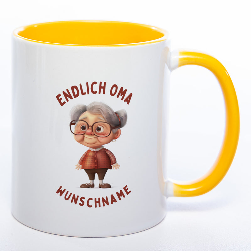 "Endlich Oma"-Tasse mit Wunschnamen - spülmaschinenfest