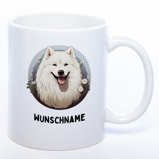 Hundetasse Samoyede mit Wunschname weiß