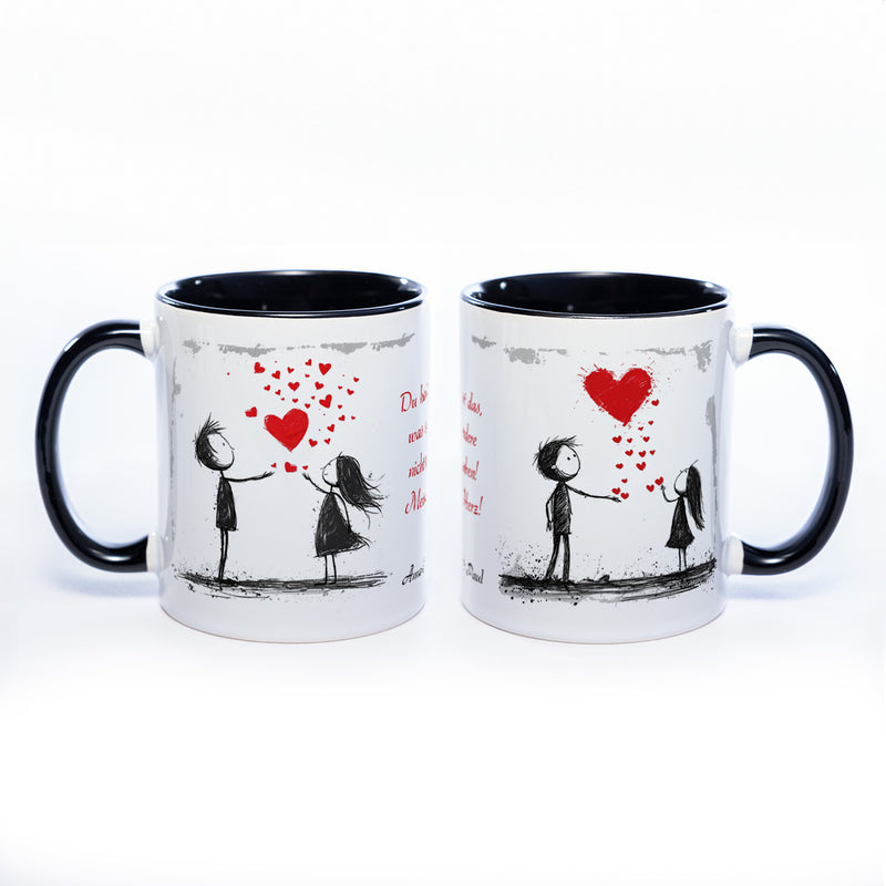 Motiv - Tasse mit Liebespaaren, Spruch  und 2 Wunschnamen spülmaschinenfest