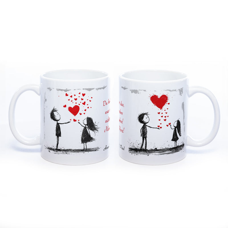 Motiv - Tasse mit Liebespaaren, Spruch  und 2 Wunschnamen spülmaschinenfest