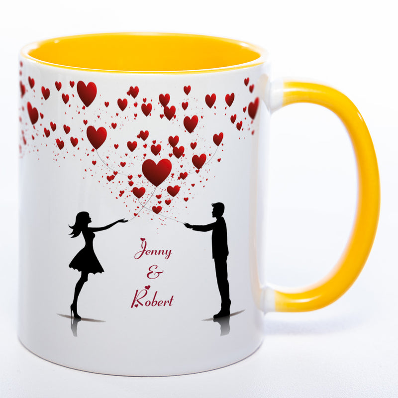 Motiv - Tasse mit Liebespaar, Herzen und 2 Wunschnamen spülmaschinenfest