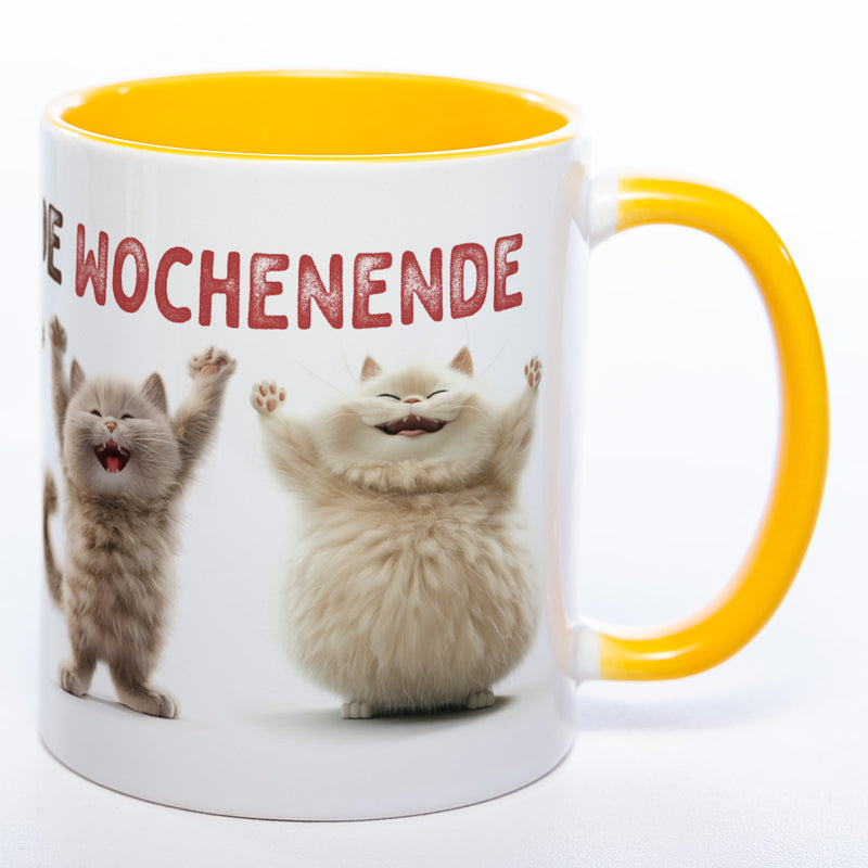 Motiv-Tasse Katzen "Hoch die Hände Wochenende" spülmaschinenfest