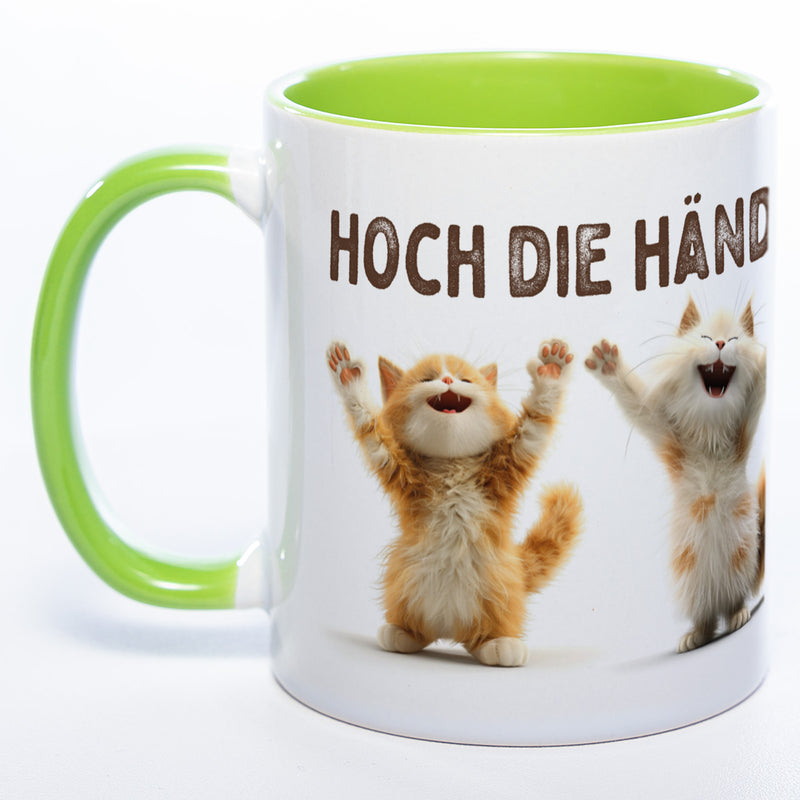 Motiv-Tasse Katzen "Hoch die Hände Wochenende" spülmaschinenfest