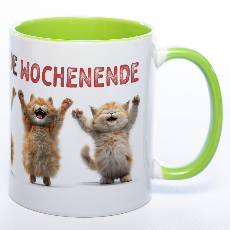 Motiv-Tasse Katzen "Hoch die Hände Wochenende" spülmaschinenfest
