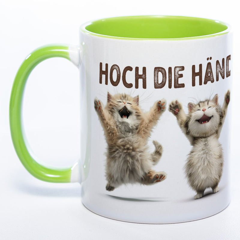 Motiv-Tasse Katzen "Hoch die Hände Wochenende" spülmaschinenfest