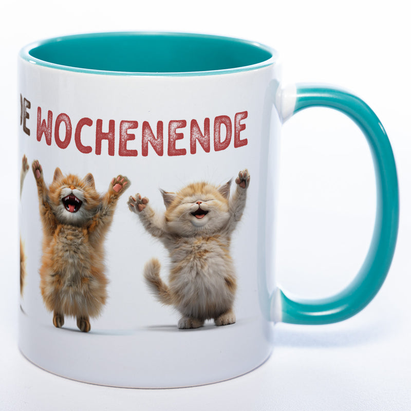 Motiv-Tasse Katzen "Hoch die Hände Wochenende" spülmaschinenfest