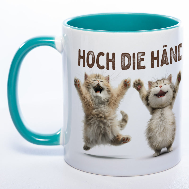 Motiv-Tasse Katzen "Hoch die Hände Wochenende" spülmaschinenfest