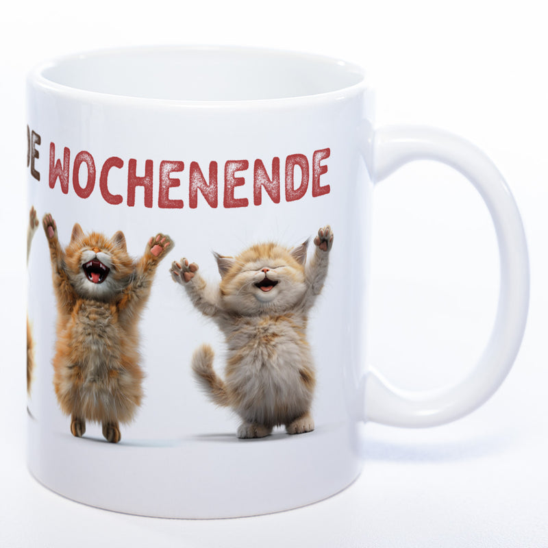 Motiv-Tasse Katzen "Hoch die Hände Wochenende" spülmaschinenfest