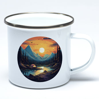 Emaille-Tasse mit Campingmotiv Zelt, See und Berge