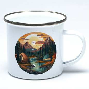 Emaille-Tasse mit Campingmotiv Fluss und Berge