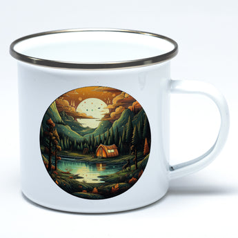 Emaille-Tasse mit Campingmotiv See und Zelt