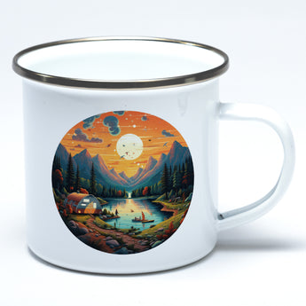 Emaille-Tasse mit Campingmotiv Zelt, See und Berge Motiv 2