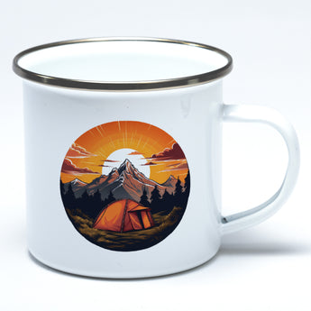 Emaille-Tasse mit Campingmotiv Zelt, See und Berge Motiv 3