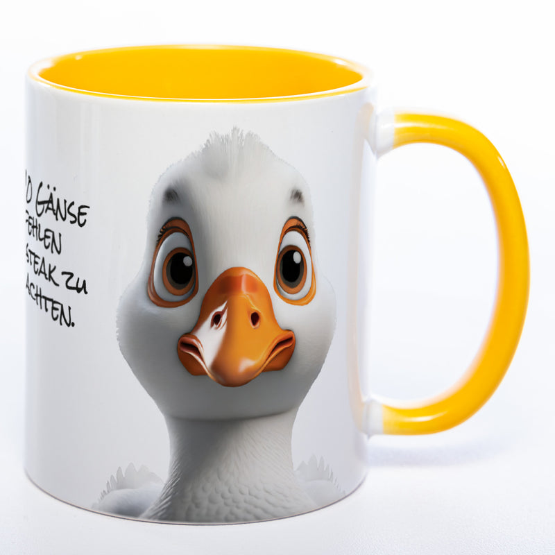 lustige Kaffeetasse mit Gänsekopf und Spruch 9 von 10 Gänse empfehlen Steak zu Weihnachten - gelb