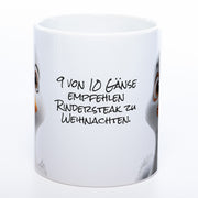 lustige Kaffeetasse mit Gänsekopf und Spruch 9 von 10 Gänse empfehlen Steak zu Weihnachten - weiß