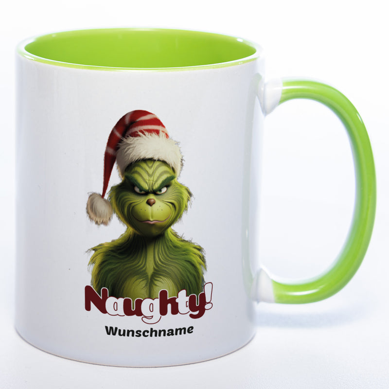 Zum Wichteln oder zu Nikolaus: Kaffeetasse Grinch mit Bild und Text: Naughty! mit Wunschname in der Farbe grün