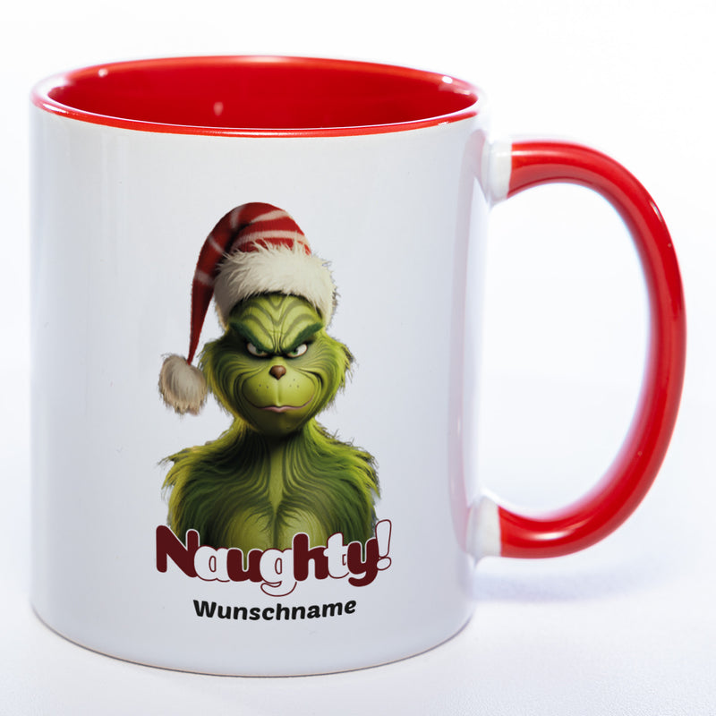 Zum Wichteln oder zu Nikolaus: Kaffeetasse Grinch mit Bild und Text: Naughty! mit Wunschname in der Farbe rot