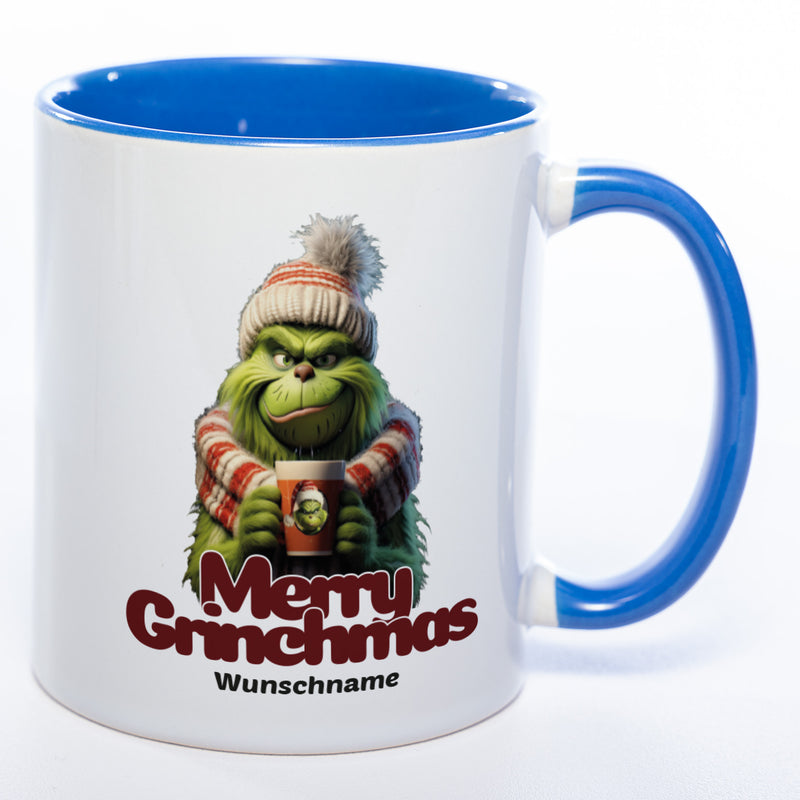 Kaffeetasse zu Weihnachten und Wichteln Merry Grinchmas plus Wunschname - blau