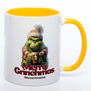 Kaffeetasse zu Weihnachten und Wichteln Merry Grinchmas plus Wunschname - gelb