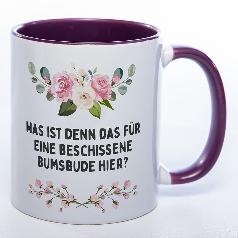 Blümchen-Tasse mit Spruch "Was ist denn das für eine beschissene Bumsbude hier?" - Lustige Kaffeetasse spülmaschinenfest