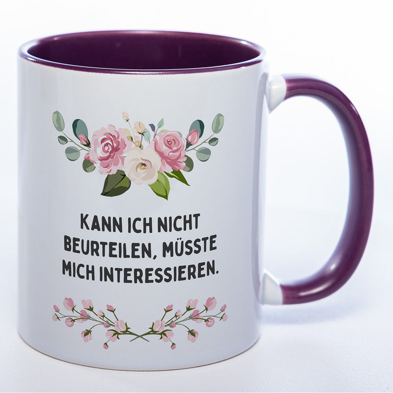 Blümchen-Tasse mit Spruch "Kann ich nicht beurteilen, müsste mich interessieren." - Lustige Kaffeetasse spülmaschinenfest