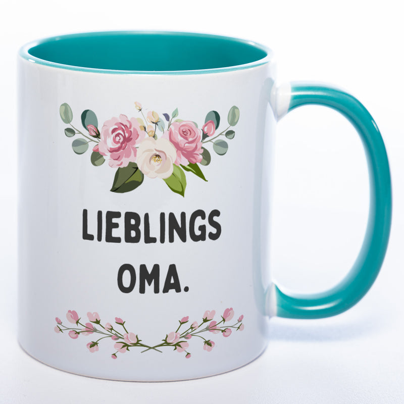 Blümchen-Tasse mit Spruch "Lieblings Oma." -  Kaffeetasse für die allerliebste Oma - spülmaschinenfest