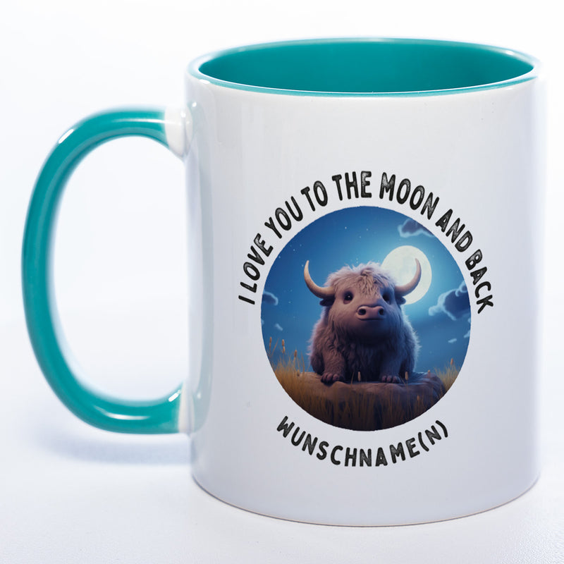 Motiv-Tasse mit Spruch "I love you to the moon and back" mit Name(n) spülmaschinenfest