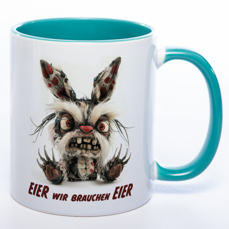 Motiv - Tasse mit wütendem Hasen und Spruch: "Eier wir brauchen Eier."  spülmaschinenfest
